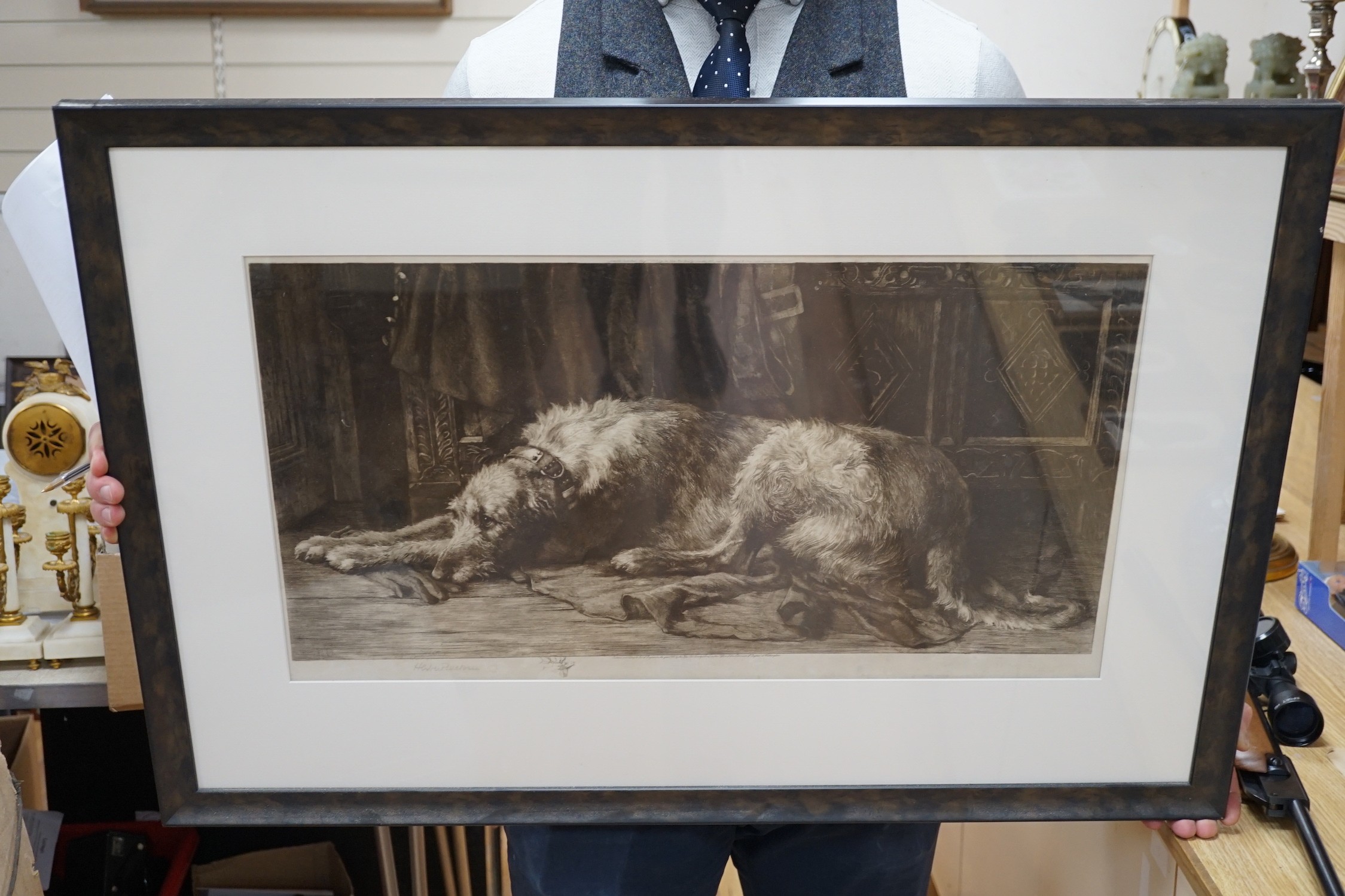 Herbert Dicksee, R.E. (1862-1942), drypoint etching, Deer hound with master's glove, signed in pencil, 32 x 63cm